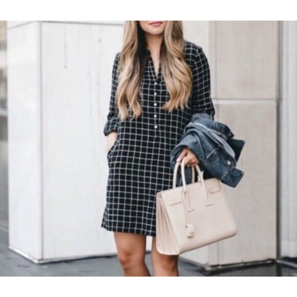 Soft Joie Dresses & Skirts - Soft Joie Iselyn Black Plaid Shirt Dress Sz XS Long Roll Tab Sleeves Above Knee